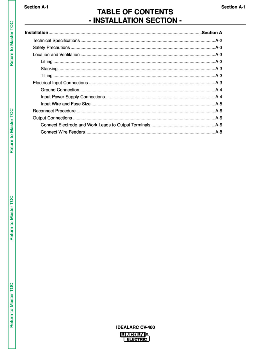 Lincoln Electric SVM136-A service manual Table Of Contents, Installation Section, Return to Master TOC, Section A 