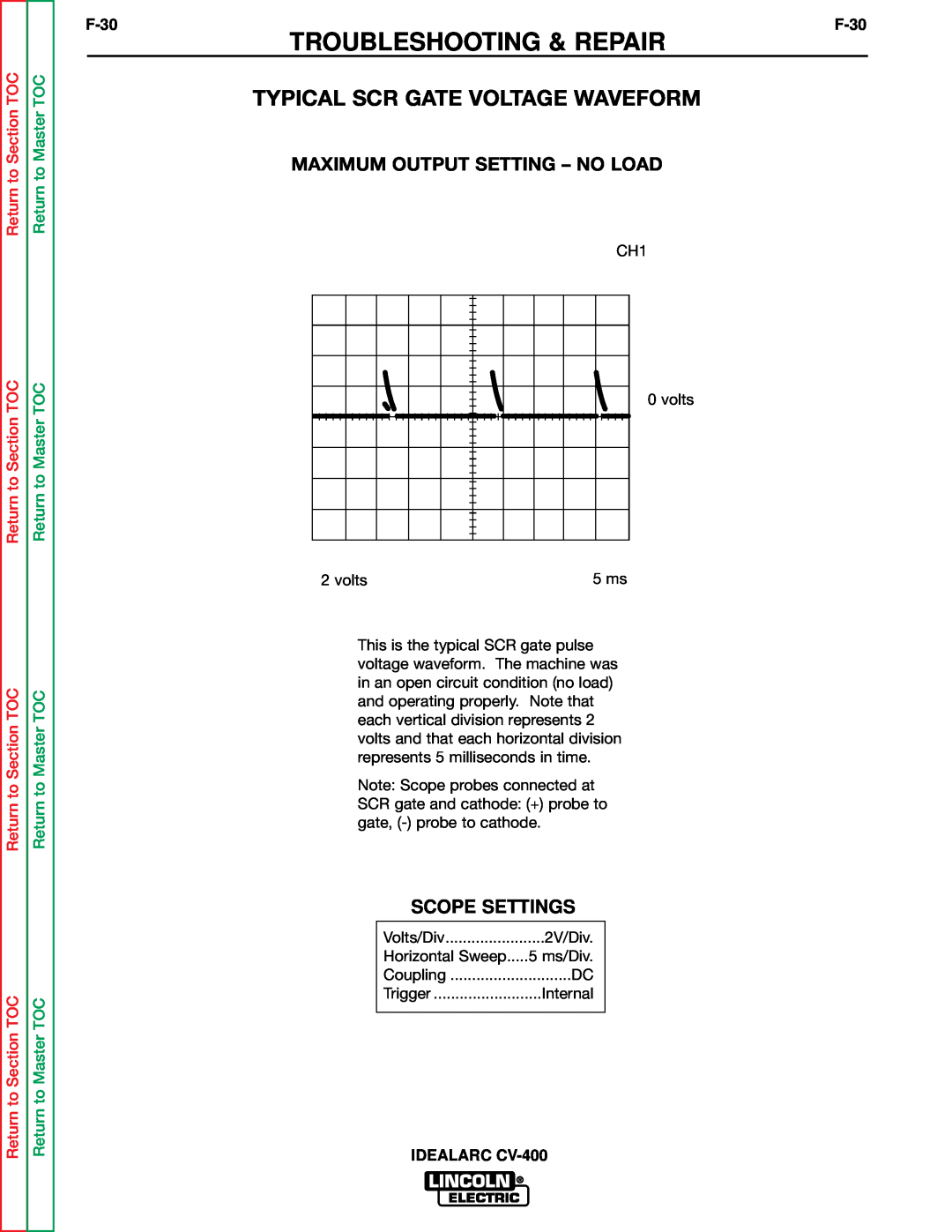 Lincoln Electric SVM136-A service manual Typical Scr Gate Voltage Waveform, Troubleshooting & Repair, Scope Settings 