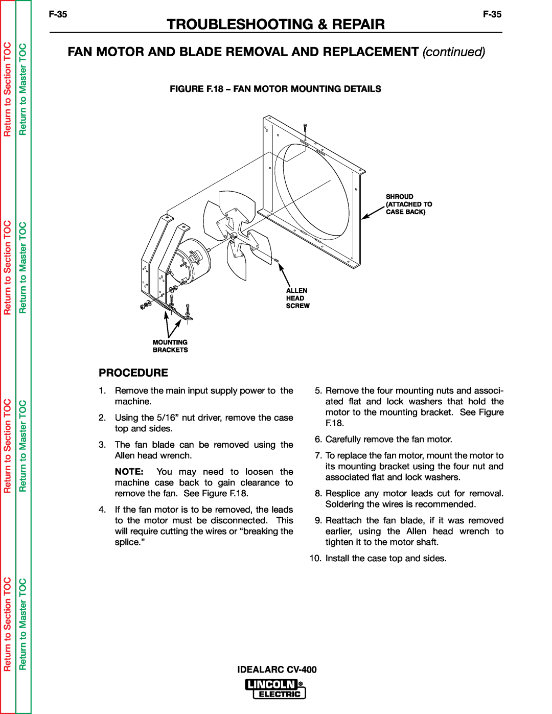 Lincoln Electric SVM136-A service manual FAN MOTOR AND BLADE REMOVAL AND REPLACEMENT continued, Troubleshooting & Repair 