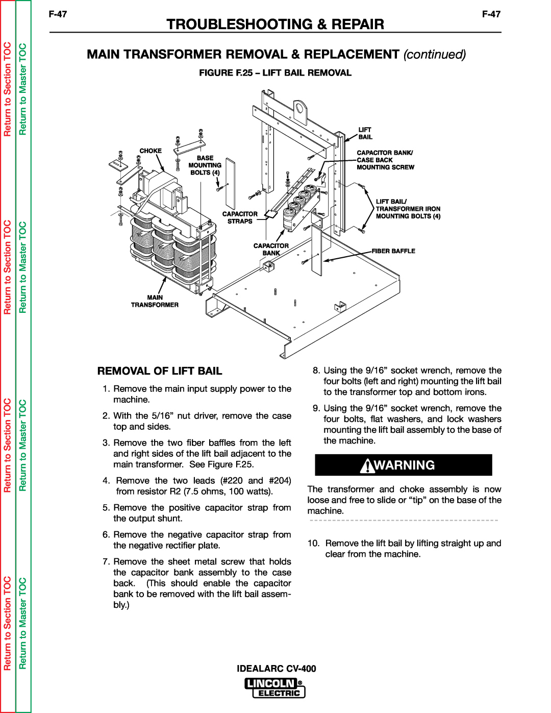 Lincoln Electric SVM136-A service manual MAIN TRANSFORMER REMOVAL & REPLACEMENT continued, Troubleshooting & Repair 