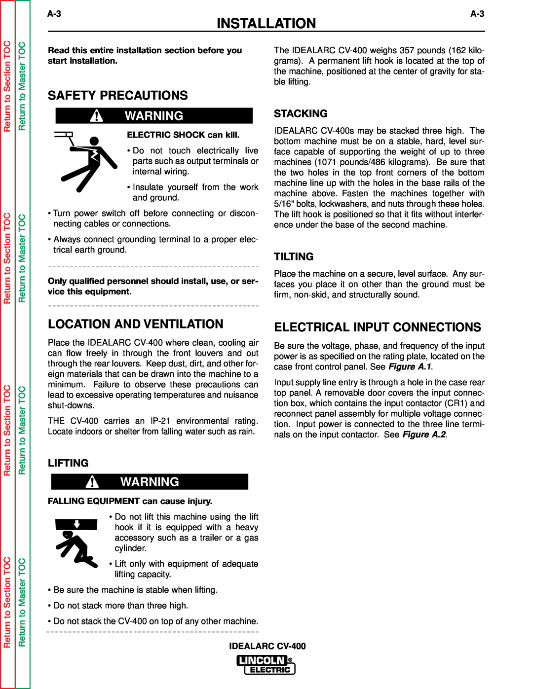 Lincoln Electric SVM136-A Safety Precautions, Location And Ventilation, Installation, ELECTRIC SHOCK can kill 