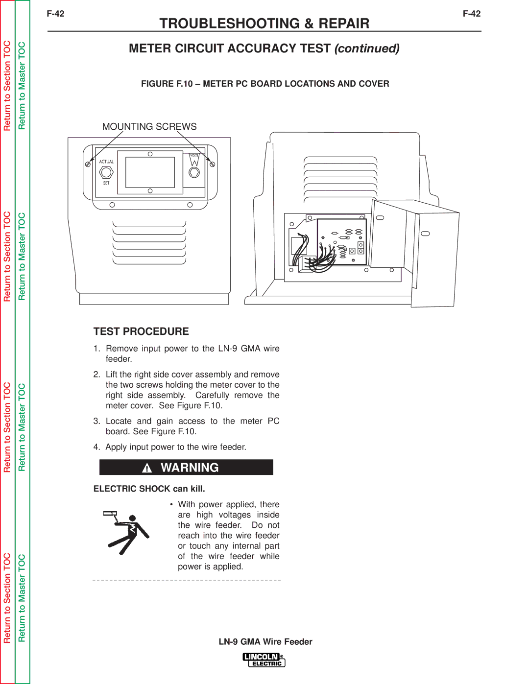 Lincoln Electric SVM138-A service manual Meter Circuit Accuracy Test, Figure F.10 Meter PC Board Locations and Cover 