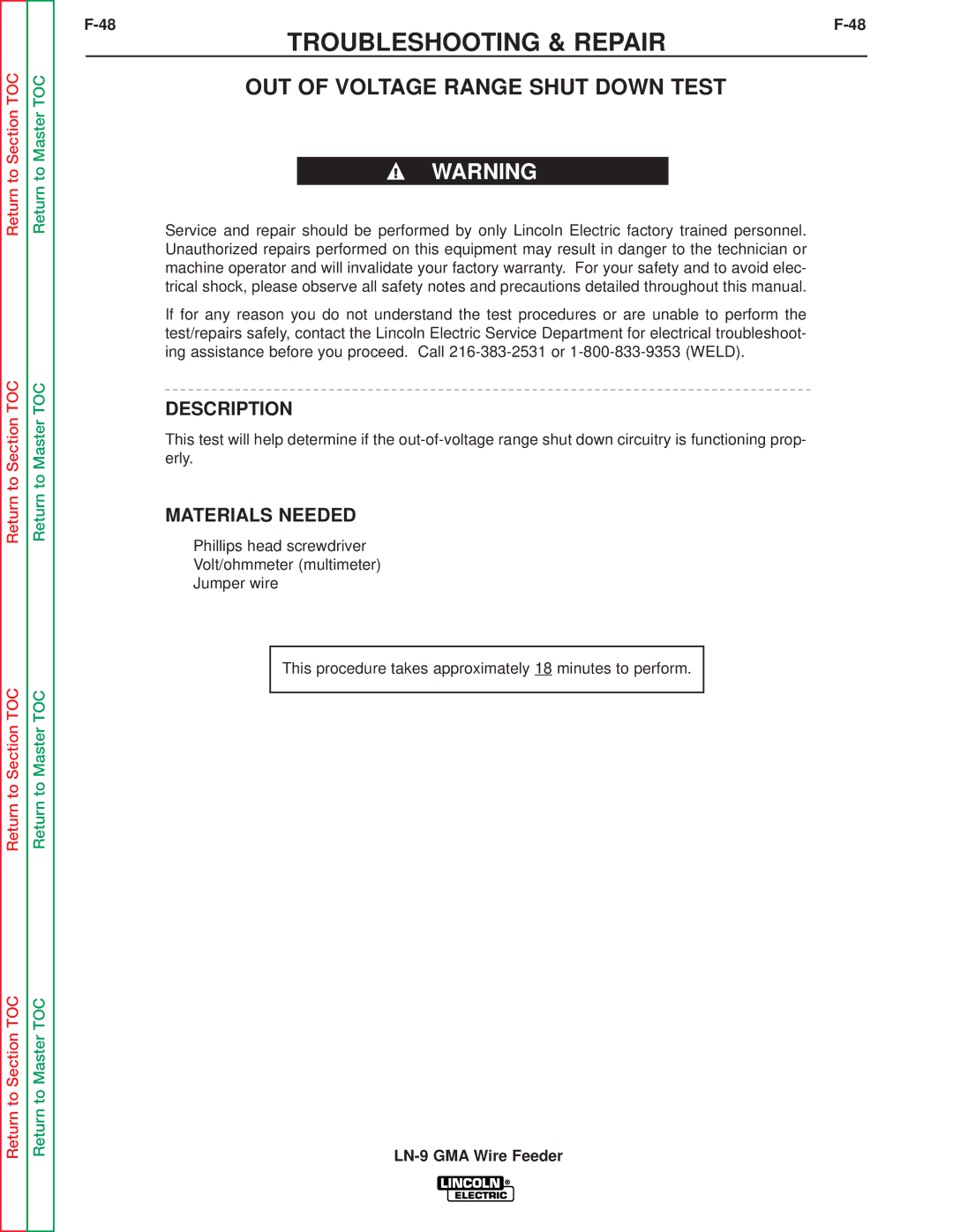 Lincoln Electric SVM138-A service manual OUT of Voltage Range Shut Down Test 