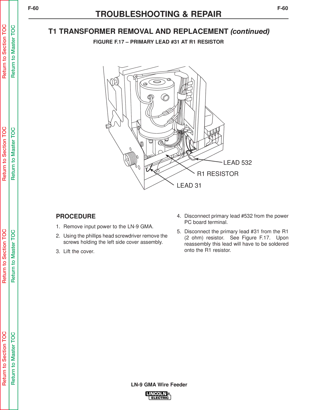 Lincoln Electric SVM138-A T1 Transformer Removal and Replacement, Figure F.17 Primary Lead #31 AT R1 Resistor 