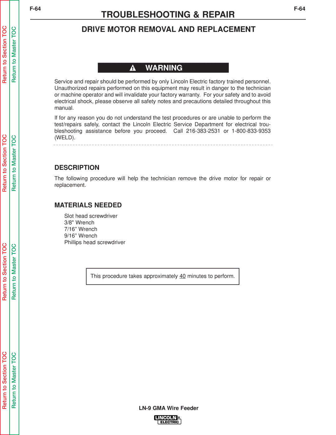 Lincoln Electric SVM138-A service manual Drive Motor Removal and Replacement, Description 