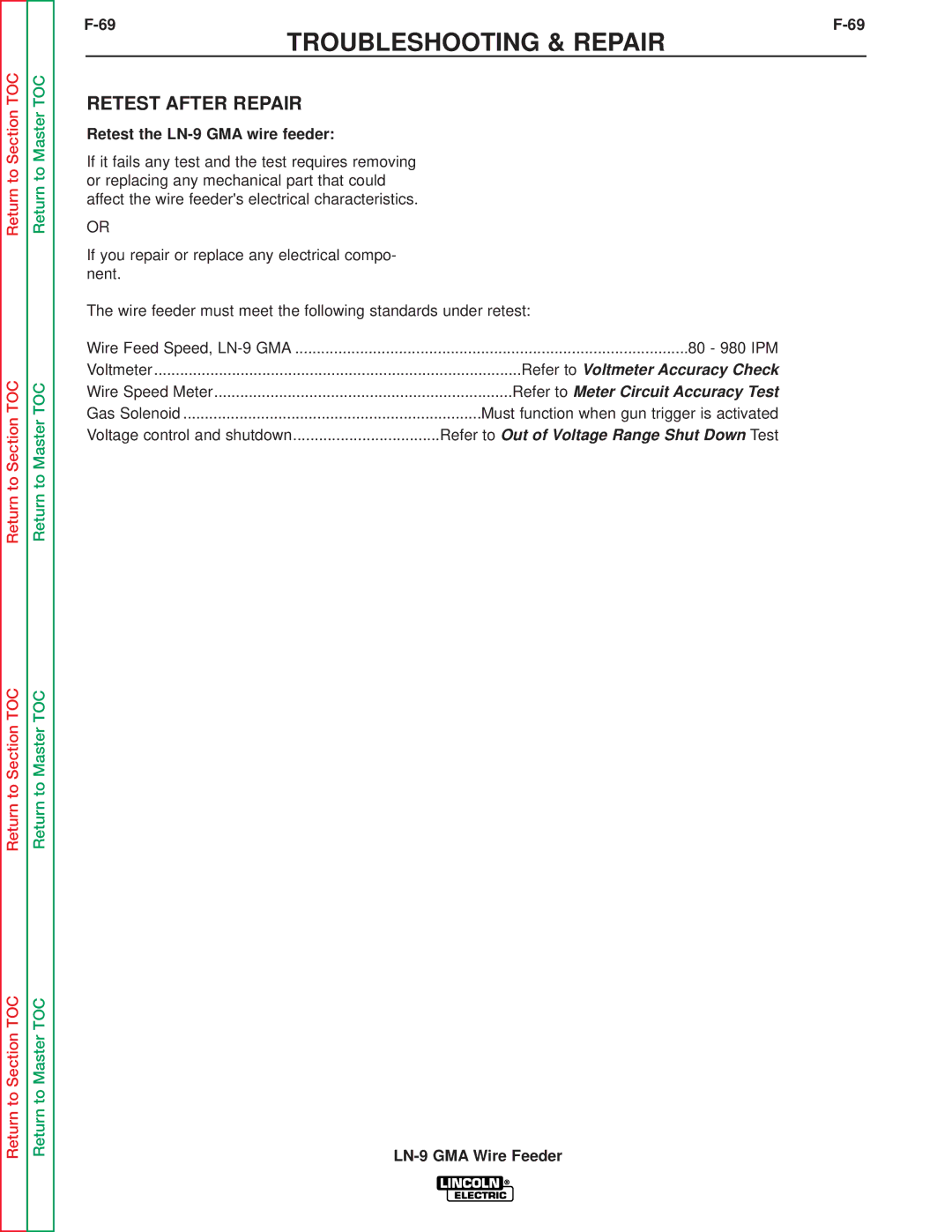 Lincoln Electric SVM138-A service manual Retest After Repair, Retest the LN-9 GMA wire feeder 