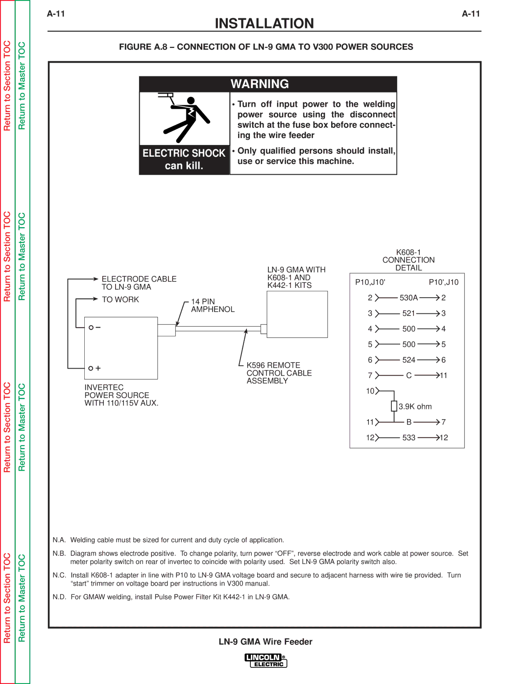 Lincoln Electric SVM138-A service manual Figure A.8 Connection of LN-9 GMA to V300 Power Sources 