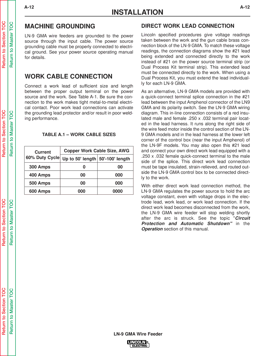 Lincoln Electric SVM138-A service manual Machine Grounding, Work Cable Connection, Direct Work Lead Connection 