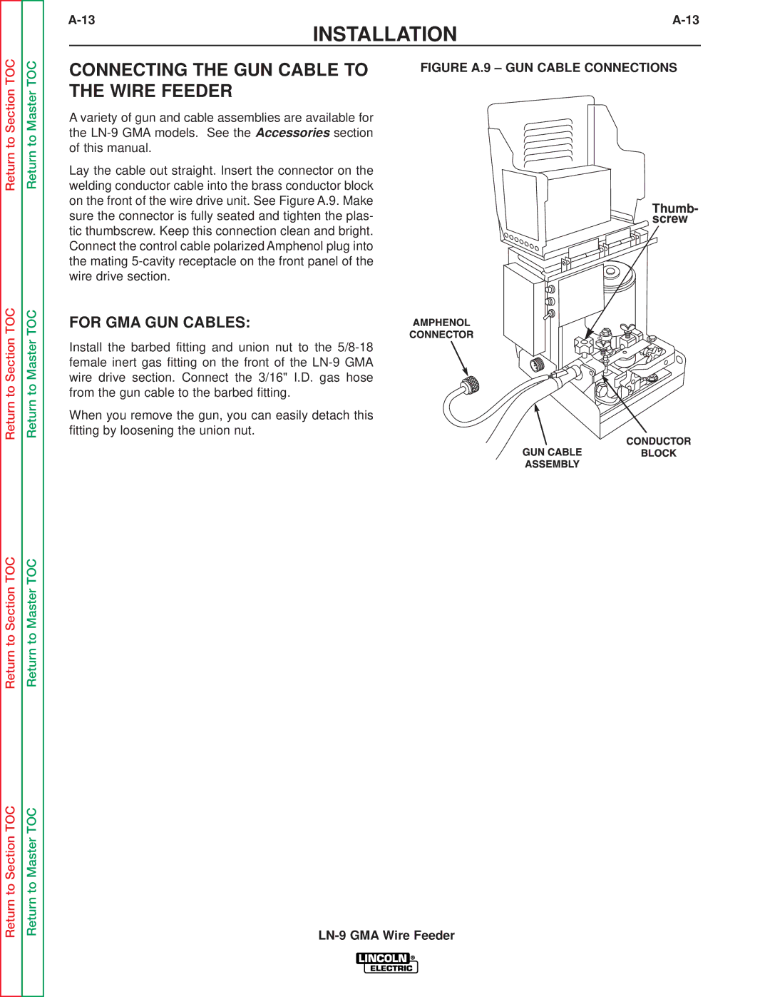 Lincoln Electric SVM138-A service manual Connecting the GUN Cable to the Wire Feeder, For GMA GUN Cables, Thumb- screw 