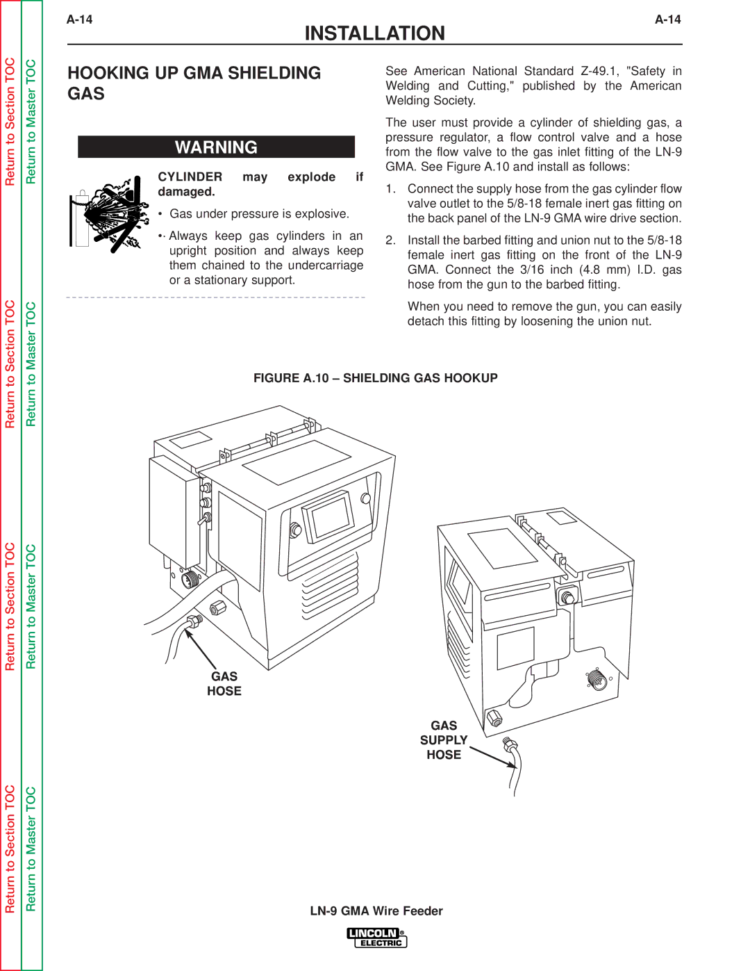 Lincoln Electric SVM138-A service manual Hooking UP GMA Shielding GAS, Cylinder may explode if damaged 