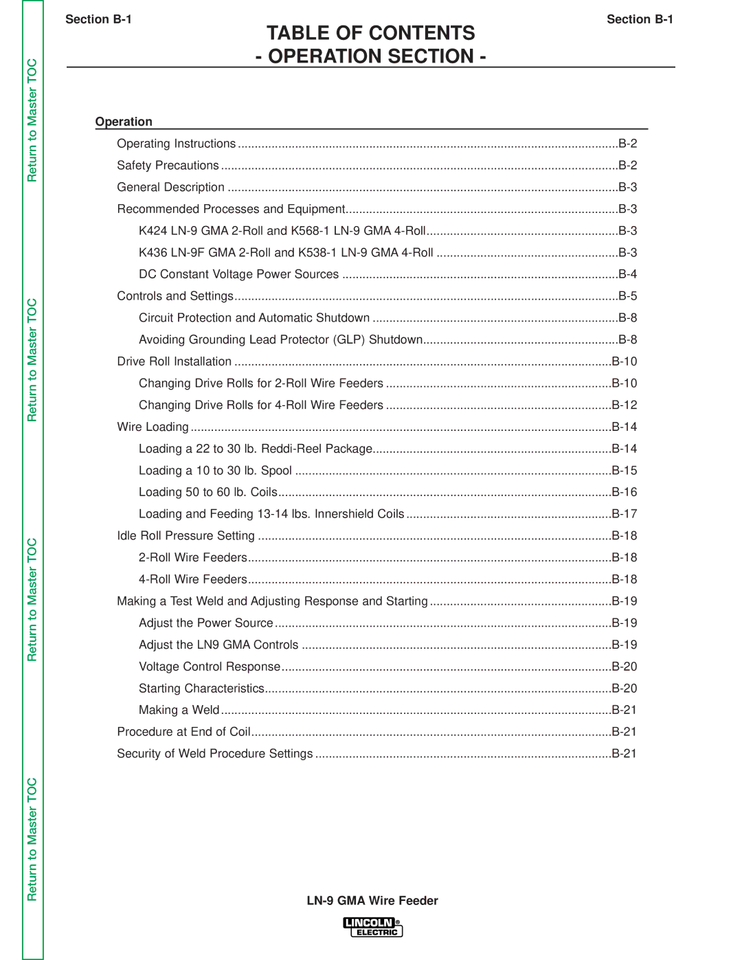 Lincoln Electric SVM138-A service manual Table of Contents Operation Section 