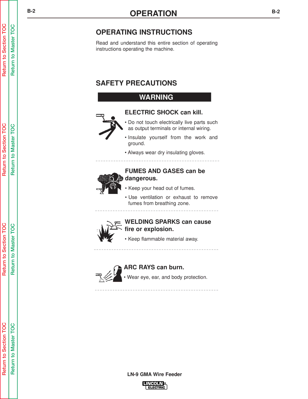 Lincoln Electric SVM138-A service manual Operation, Operating Instructions, Safety Precautions 