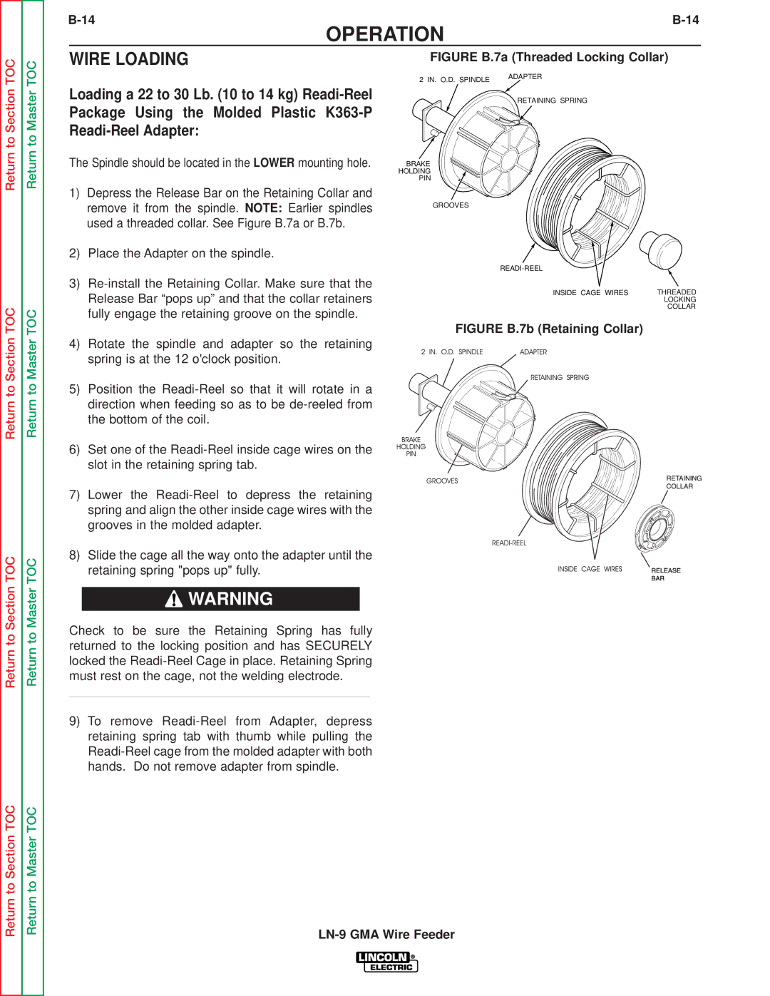 Lincoln Electric SVM138-A service manual Wire Loading, Figure B.7a Threaded Locking Collar 