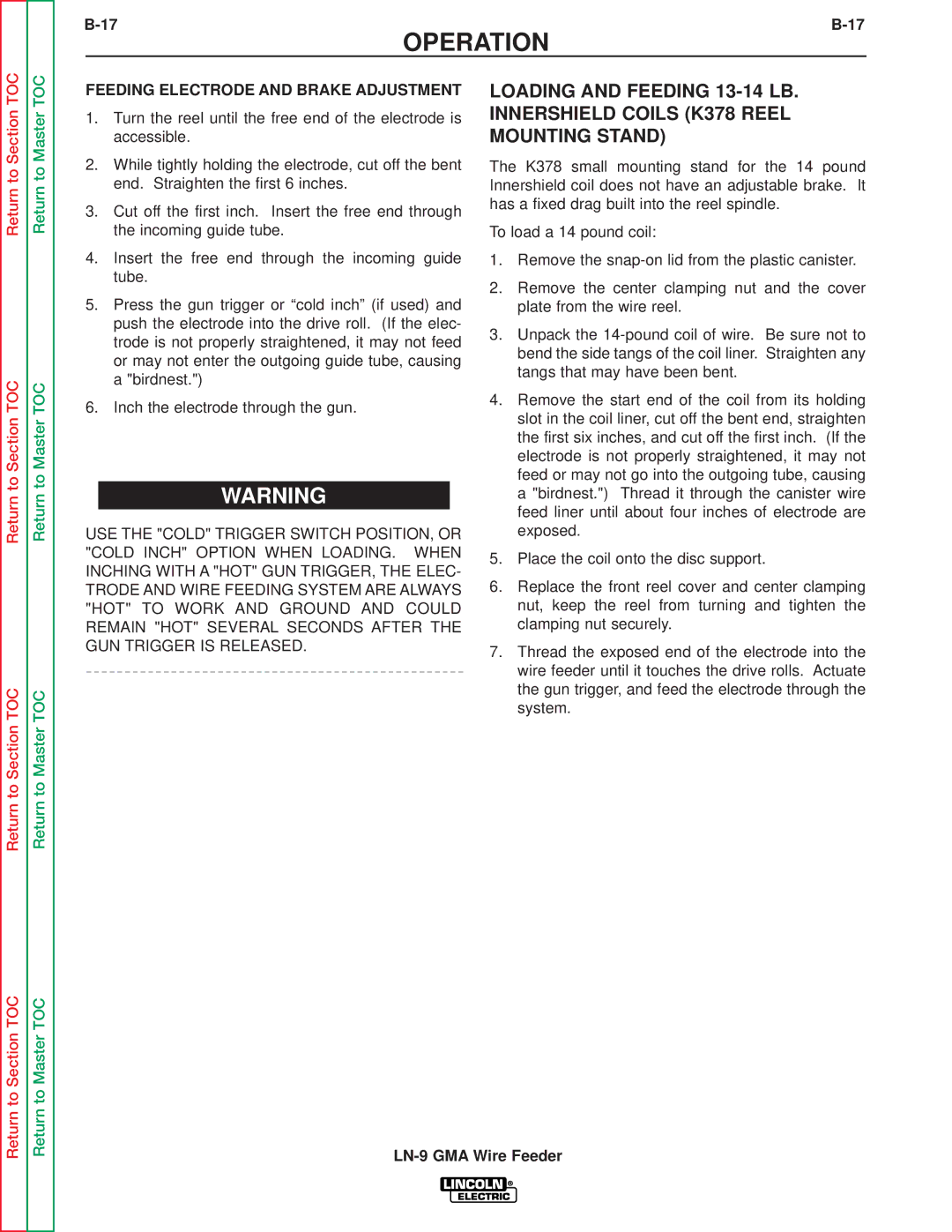 Lincoln Electric SVM138-A service manual Feeding Electrode and Brake Adjustment 