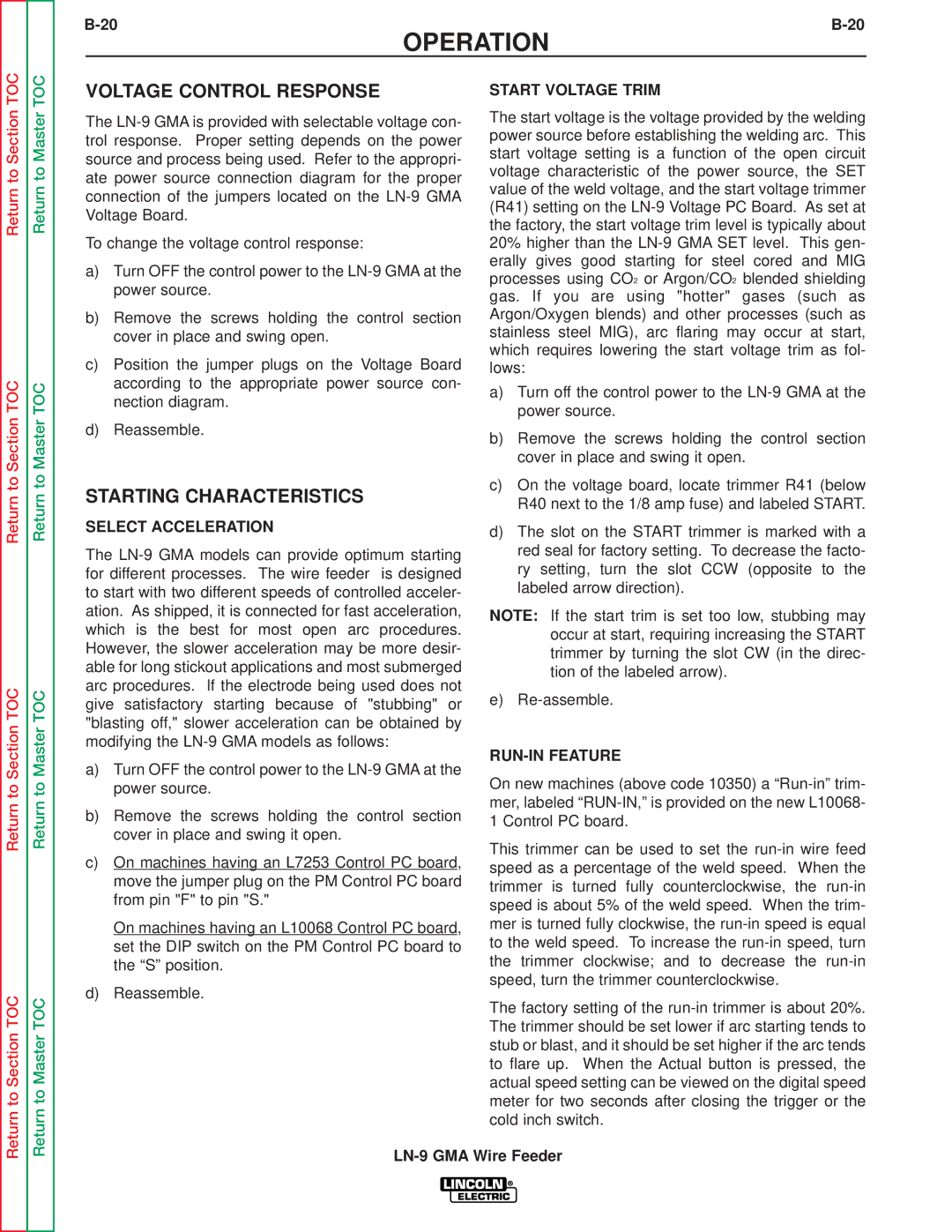 Lincoln Electric SVM138-A Voltage Control Response, Starting Characteristics, Select Acceleration, Start Voltage Trim 