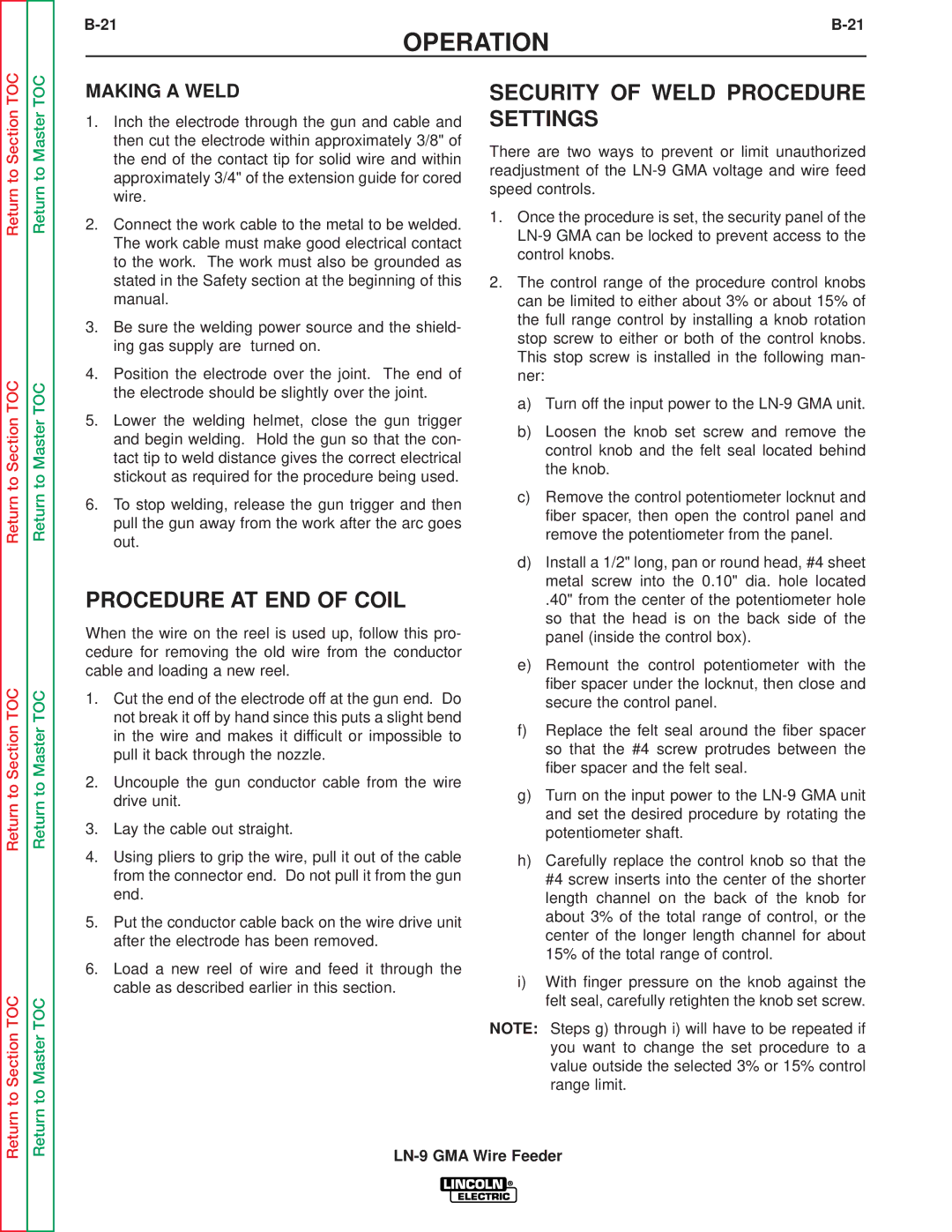 Lincoln Electric SVM138-A service manual Procedure AT END of Coil, Security of Weld Procedure Settings, Making a Weld 