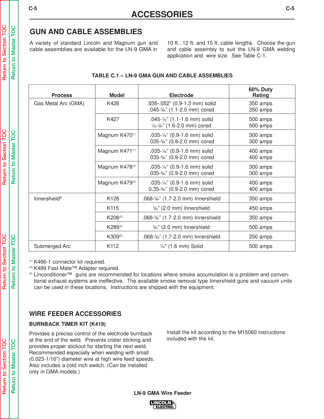 Lincoln Electric SVM138-A service manual Wire Feeder Accessories, Table C.1 LN-9 GMA GUN and Cable Assemblies 