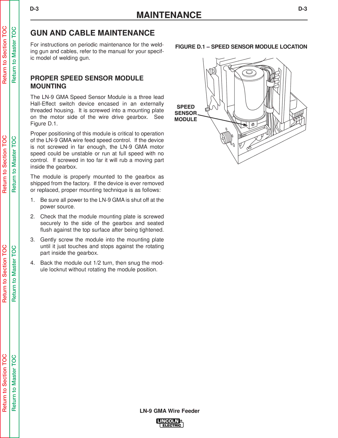 Lincoln Electric SVM138-A service manual GUN and Cable Maintenance, Proper Speed Sensor Module Mounting, 3D-3 