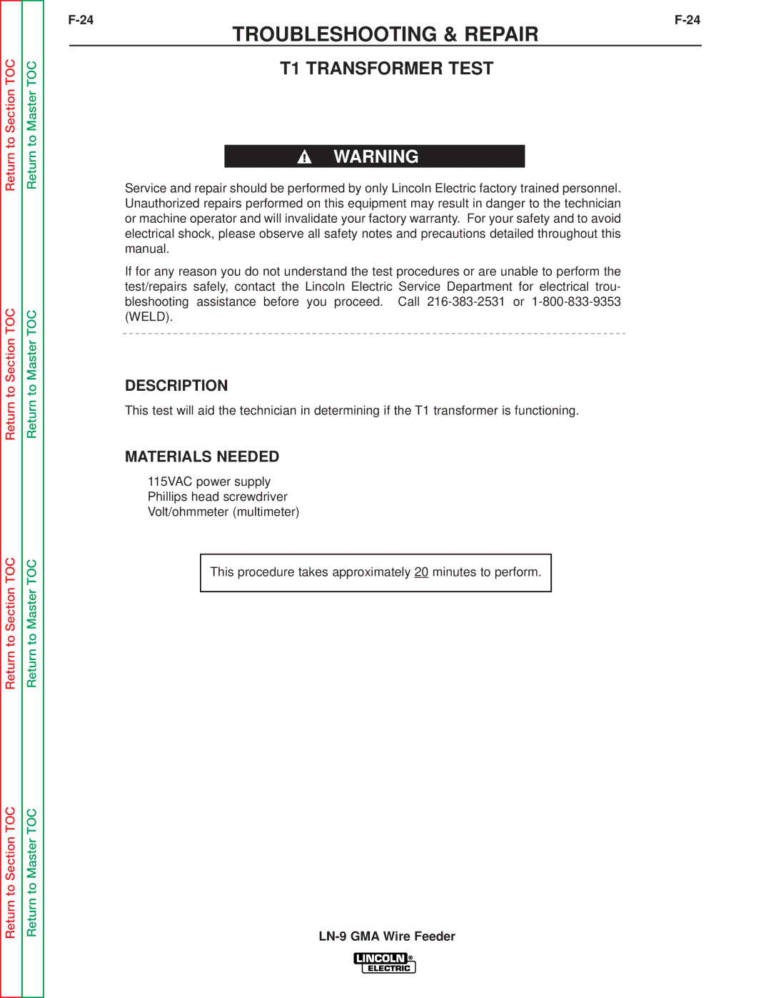 Lincoln Electric SVM138-A service manual T1 Transformer Test, Description, Materials Needed 