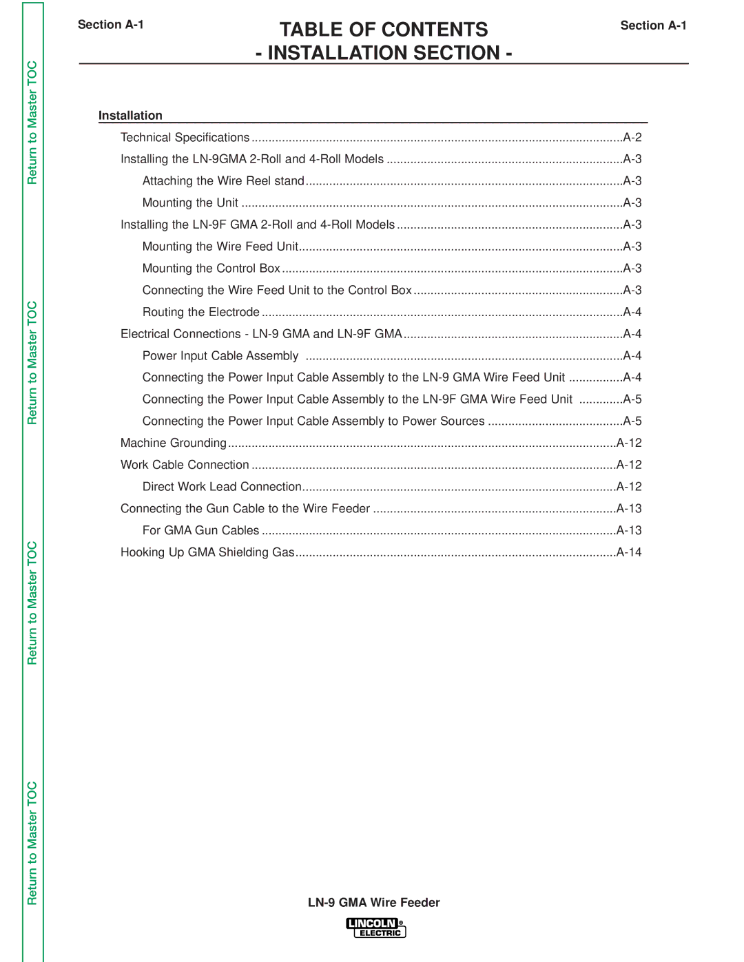 Lincoln Electric SVM138-A service manual Table of Contents, Installation Section, Section A-1 