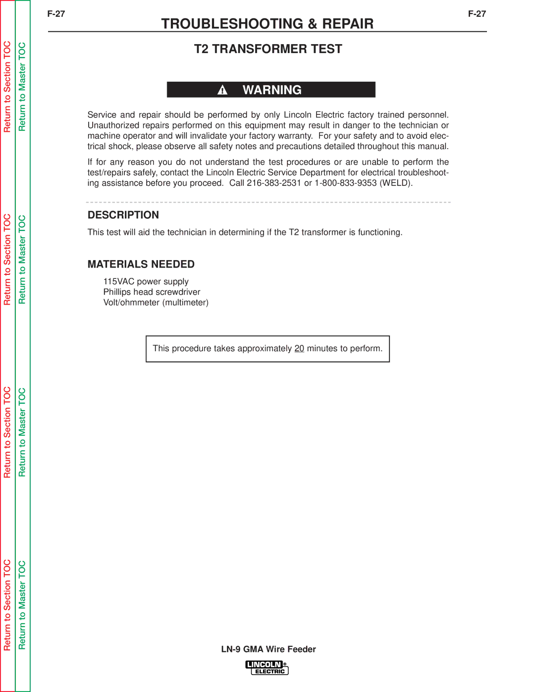 Lincoln Electric SVM138-A service manual T2 Transformer Test, Description 