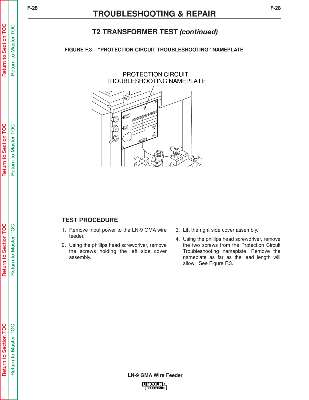 Lincoln Electric SVM138-A service manual T2 Transformer Test, Figure F.3 Protection Circuit Troubleshooting Nameplate 