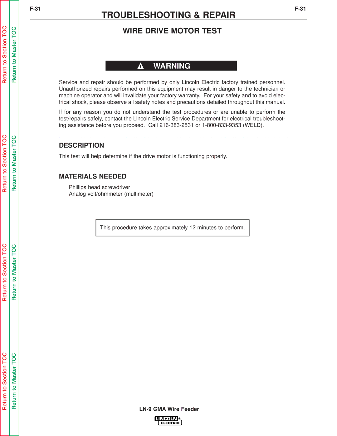 Lincoln Electric SVM138-A service manual Wire Drive Motor Test, Description 