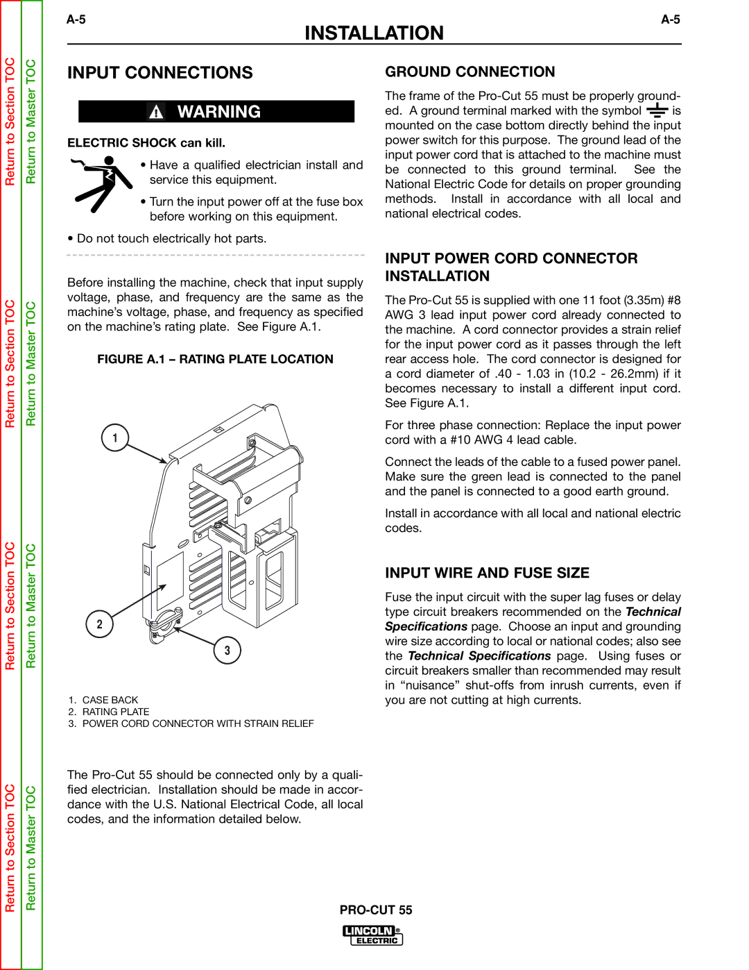 Lincoln Electric SVM140-A service manual Input Connections, Ground Connection, Input Power Cord Connector Installation 