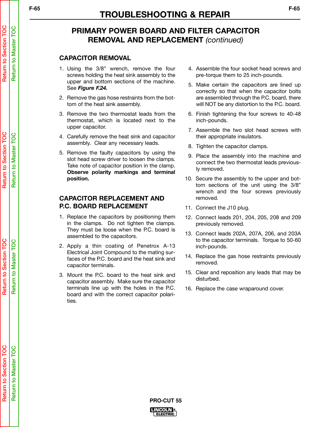 Lincoln Electric SVM140-A service manual Capacitor Removal, Capacitor Replacement and P.C. Board Replacement 