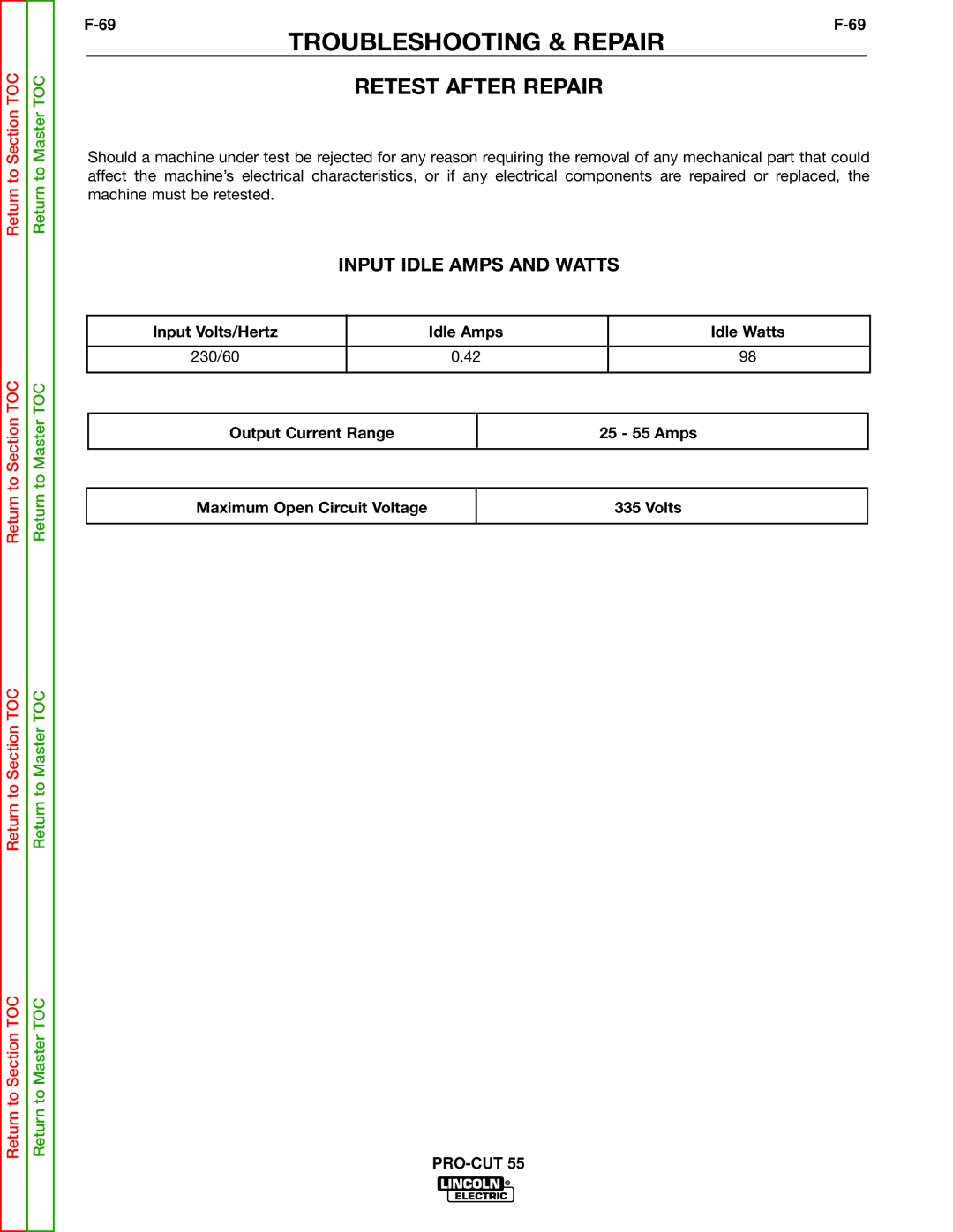 Lincoln Electric SVM140-A service manual Retest After Repair, Input Idle Amps and Watts 