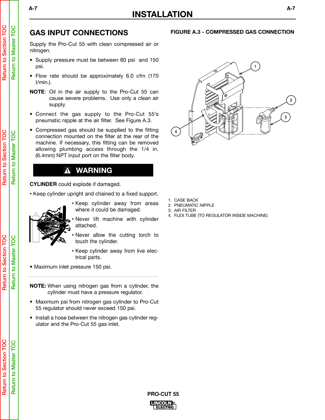 Lincoln Electric SVM140-A service manual GAS Input Connections, Return Return to Master TOC 