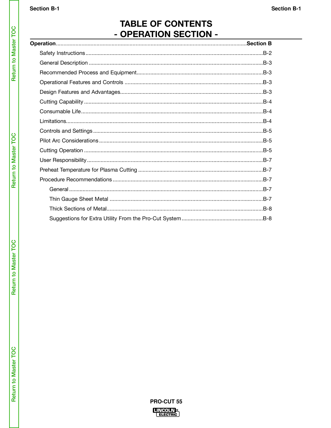 Lincoln Electric SVM140-A service manual Table of Contents Operation Section 