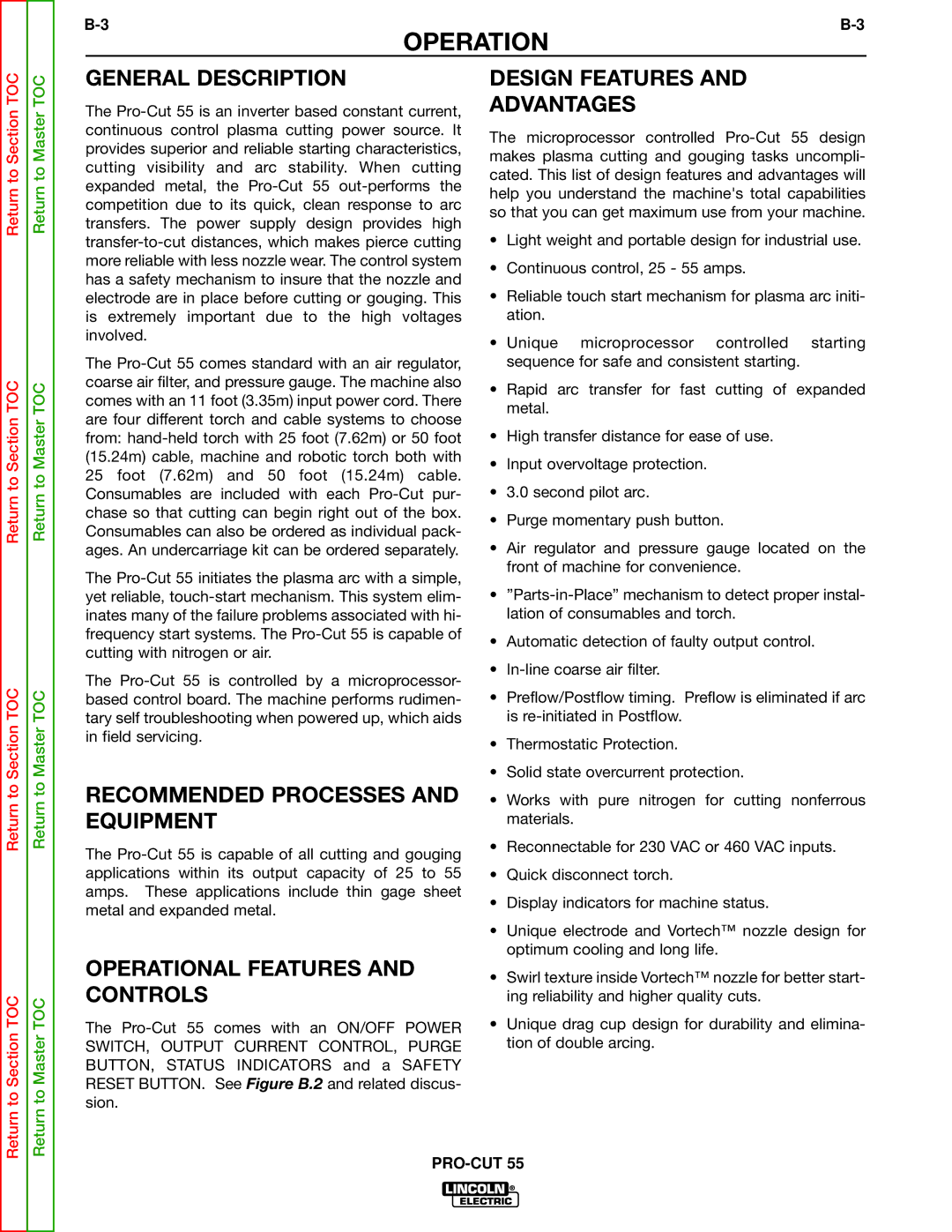 Lincoln Electric SVM140-A Operation, General Description, Recommended Processes and Equipment, Design Features Advantages 