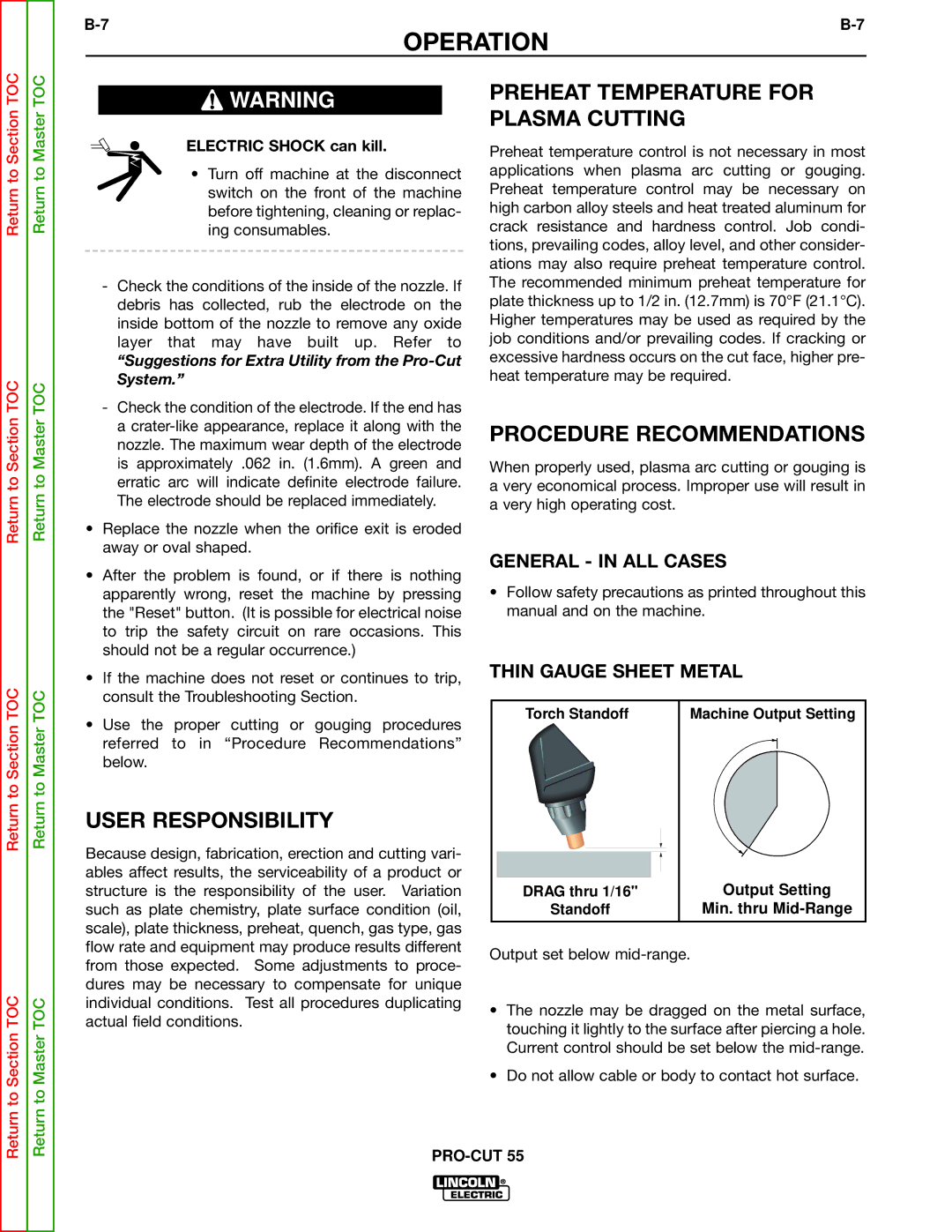 Lincoln Electric SVM140-A Preheat Temperature for, Plasma Cutting, User Responsibility, Procedure Recommendations 