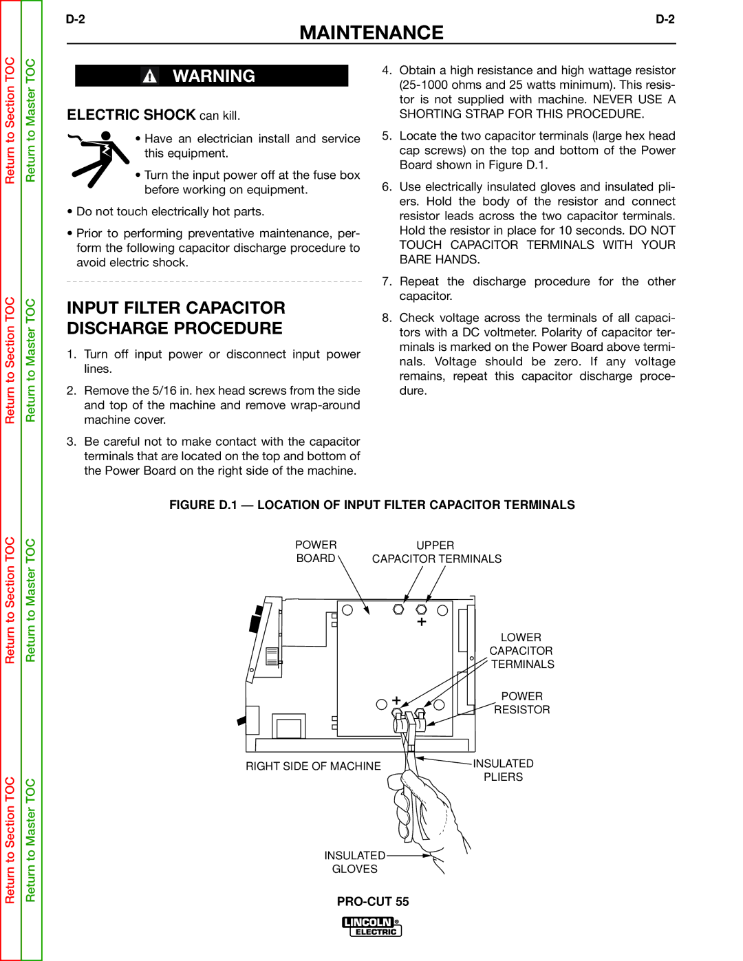 Lincoln Electric SVM140-A service manual Input Filter Capacitor Discharge Procedure, Electric Shock can kill 