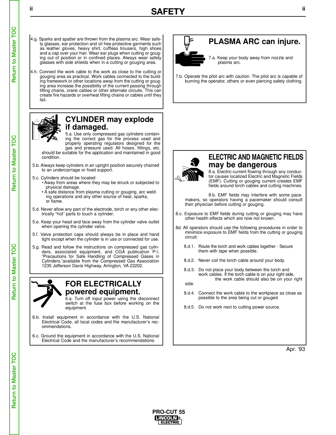 Lincoln Electric SVM140-A service manual Plasma ARC can injure, Cylinder may explode if damaged 