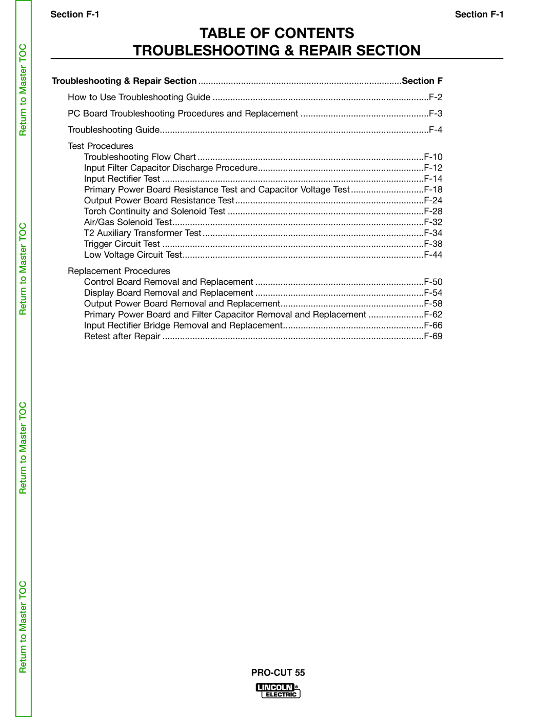 Lincoln Electric SVM140-A service manual Table of Contents Troubleshooting & Repair Section 