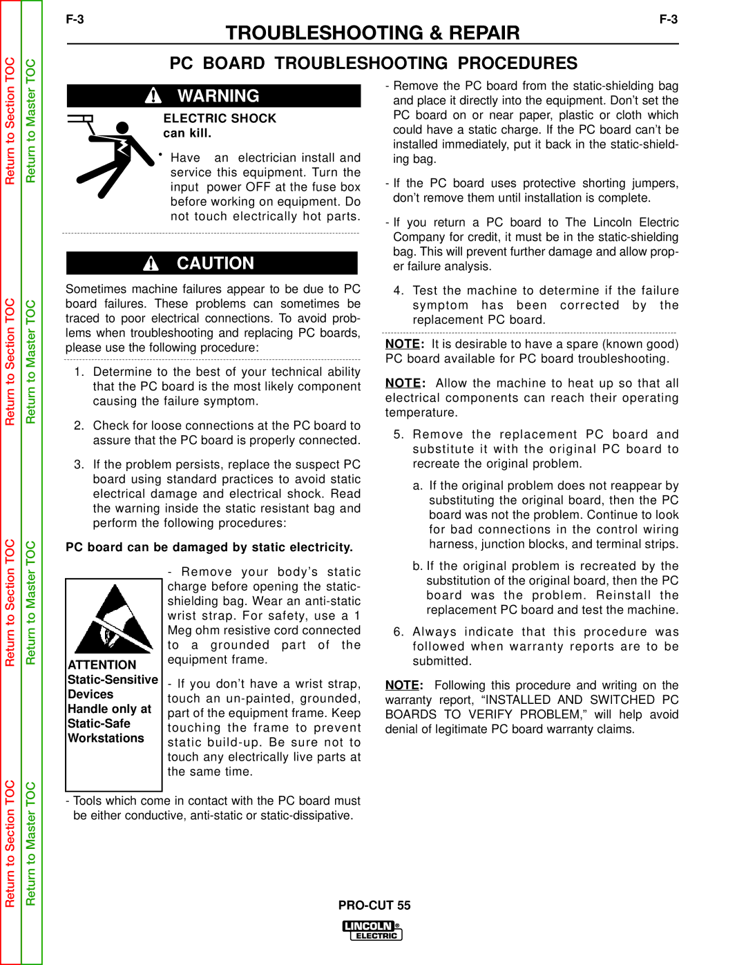 Lincoln Electric SVM140-A service manual PC Board Troubleshooting Procedures, PC board can be damaged by static electricity 