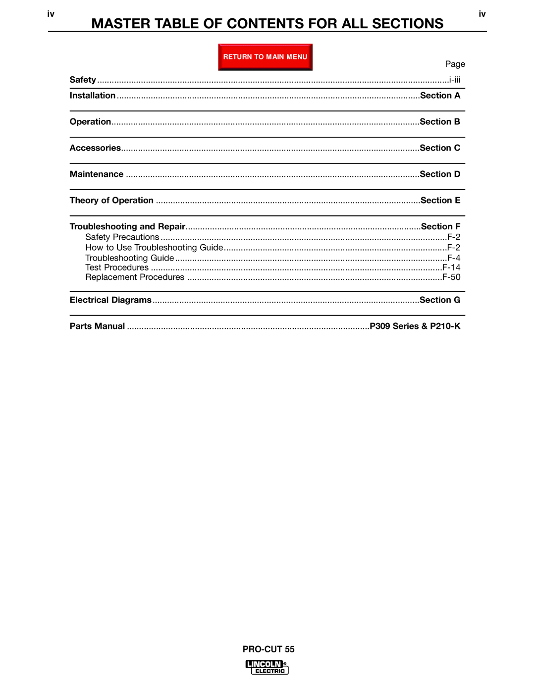 Lincoln Electric SVM140-A service manual Master Table of Contents for ALL Sections 