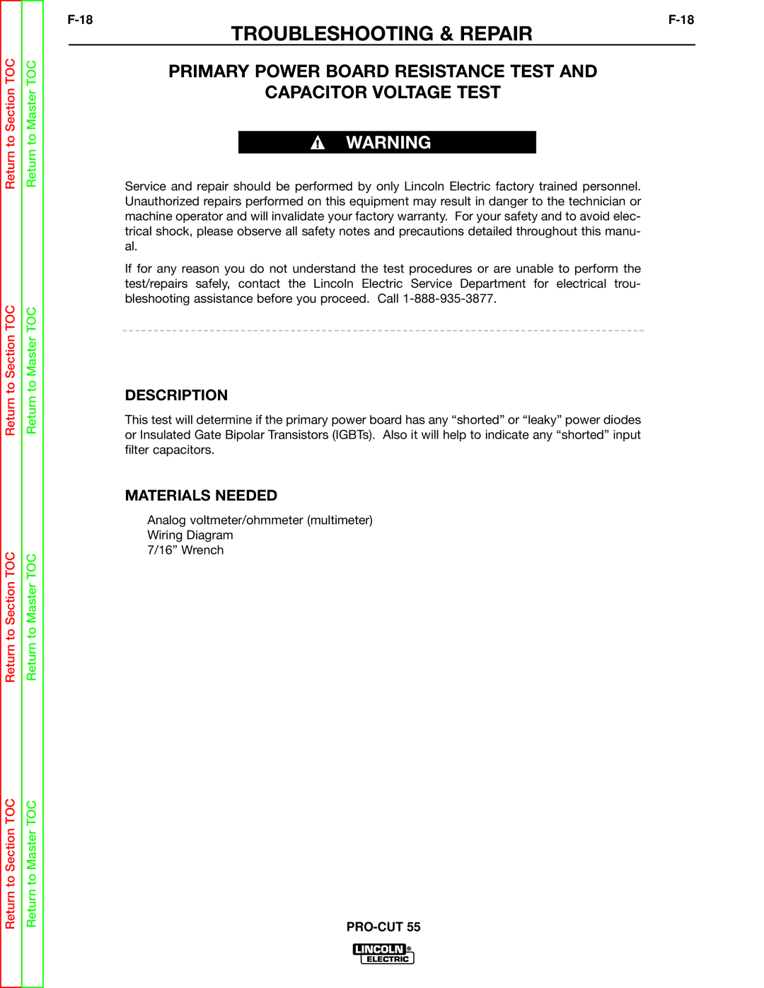 Lincoln Electric SVM140-A service manual Primary Power Board Resistance Test Capacitor Voltage Test, Description 