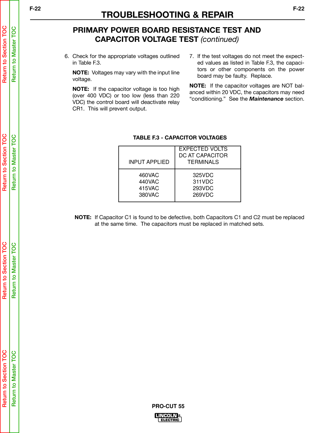 Lincoln Electric SVM140-A service manual Table F.3 Capacitor Voltages 