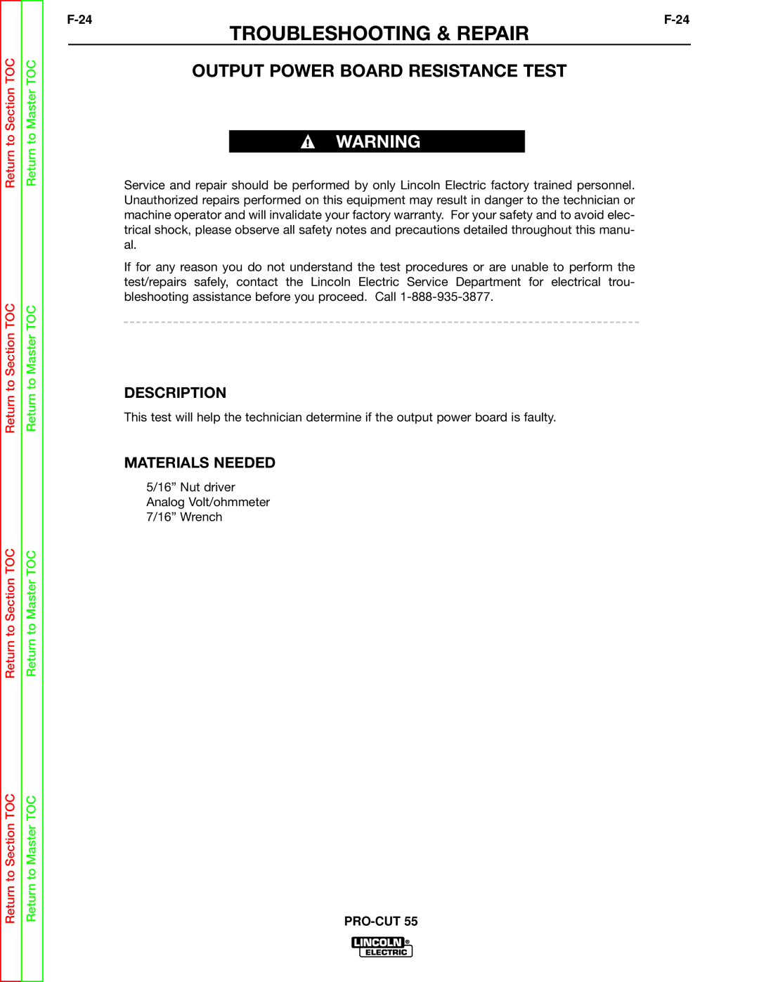 Lincoln Electric SVM140-A service manual Output Power Board Resistance Test, Description 