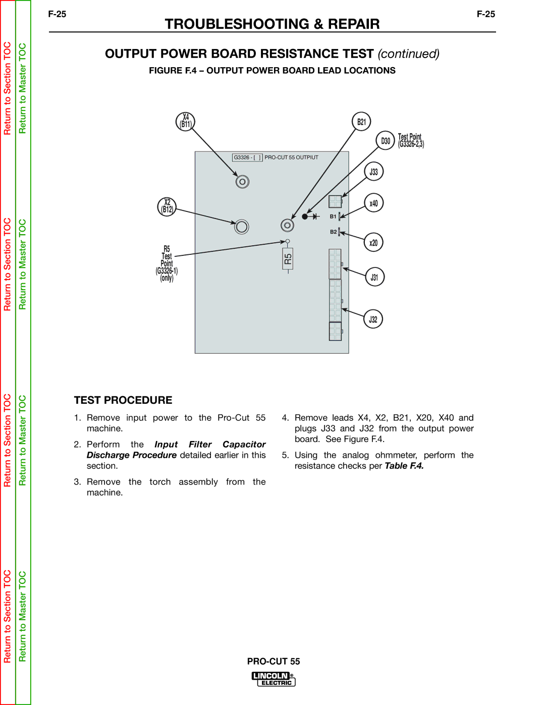 Lincoln Electric SVM140-A service manual Output Power Board Resistance Test, Figure F.4 Output Power Board Lead Locations 