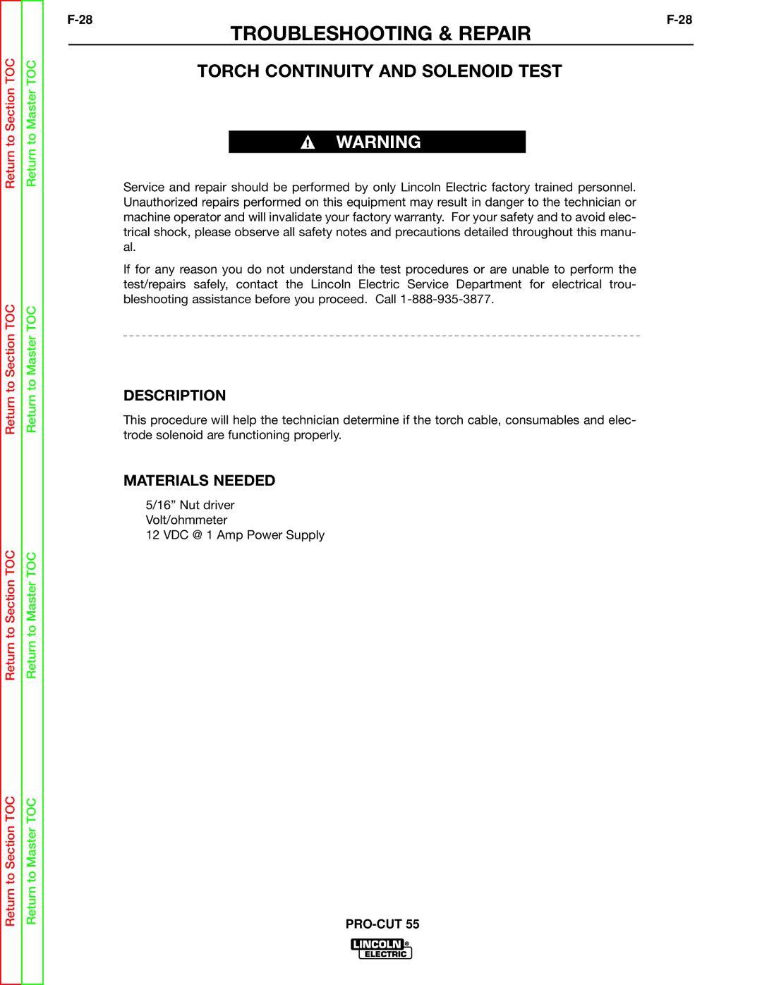 Lincoln Electric SVM140-A service manual Torch Continuity and Solenoid Test, Description 