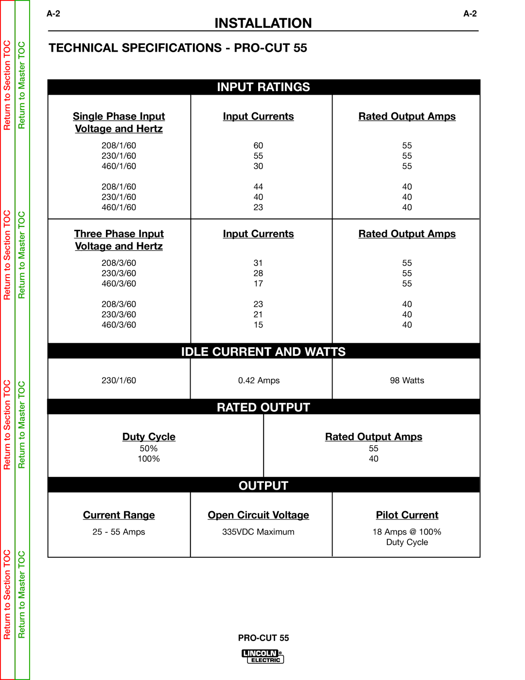 Lincoln Electric SVM140-A service manual Installation, Technical Specifications PRO-CUT 