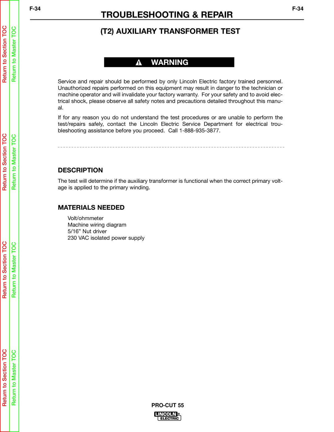 Lincoln Electric SVM140-A service manual T2 Auxiliary Transformer Test 