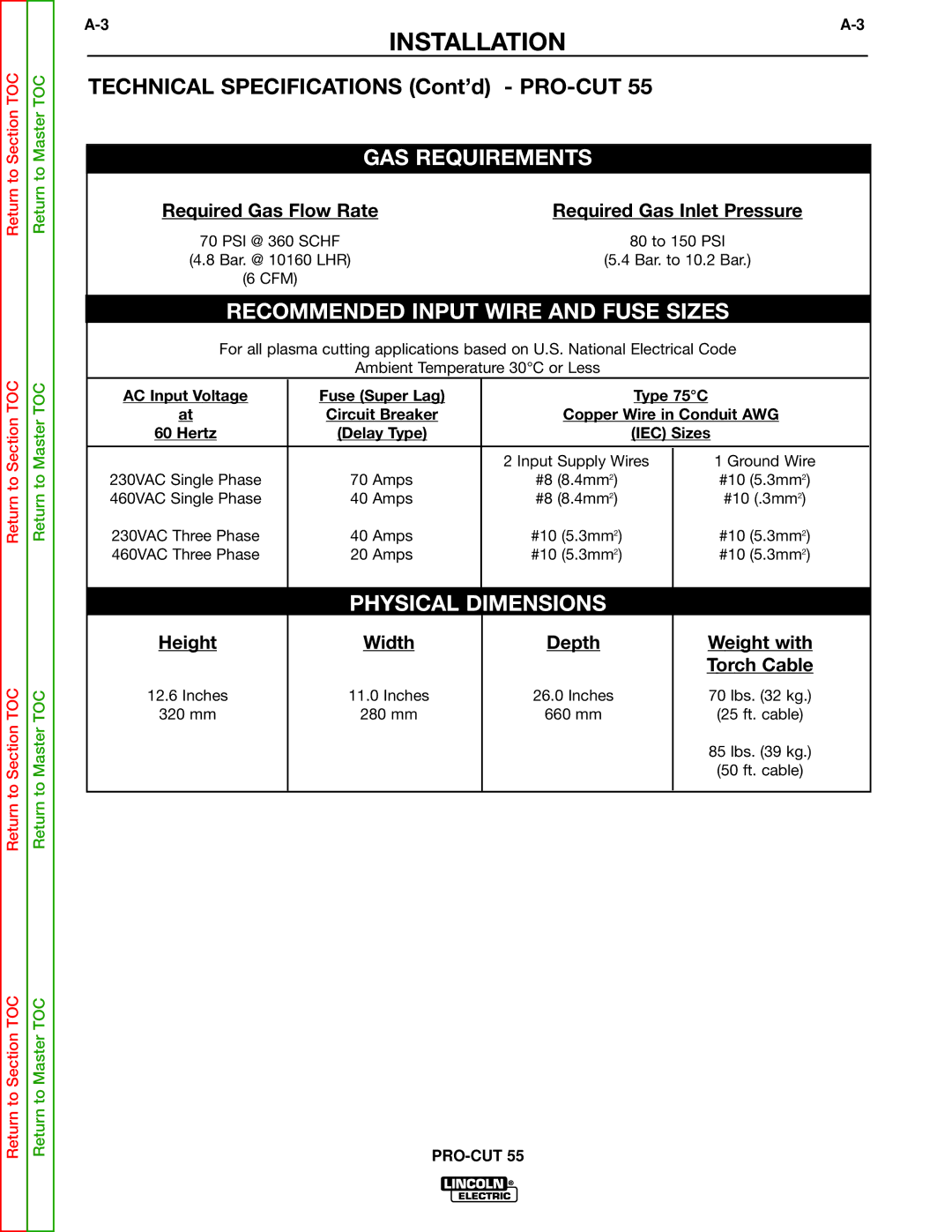 Lincoln Electric SVM140-A service manual Technical Specifications Cont’d PRO-CUT, GAS Requirements 