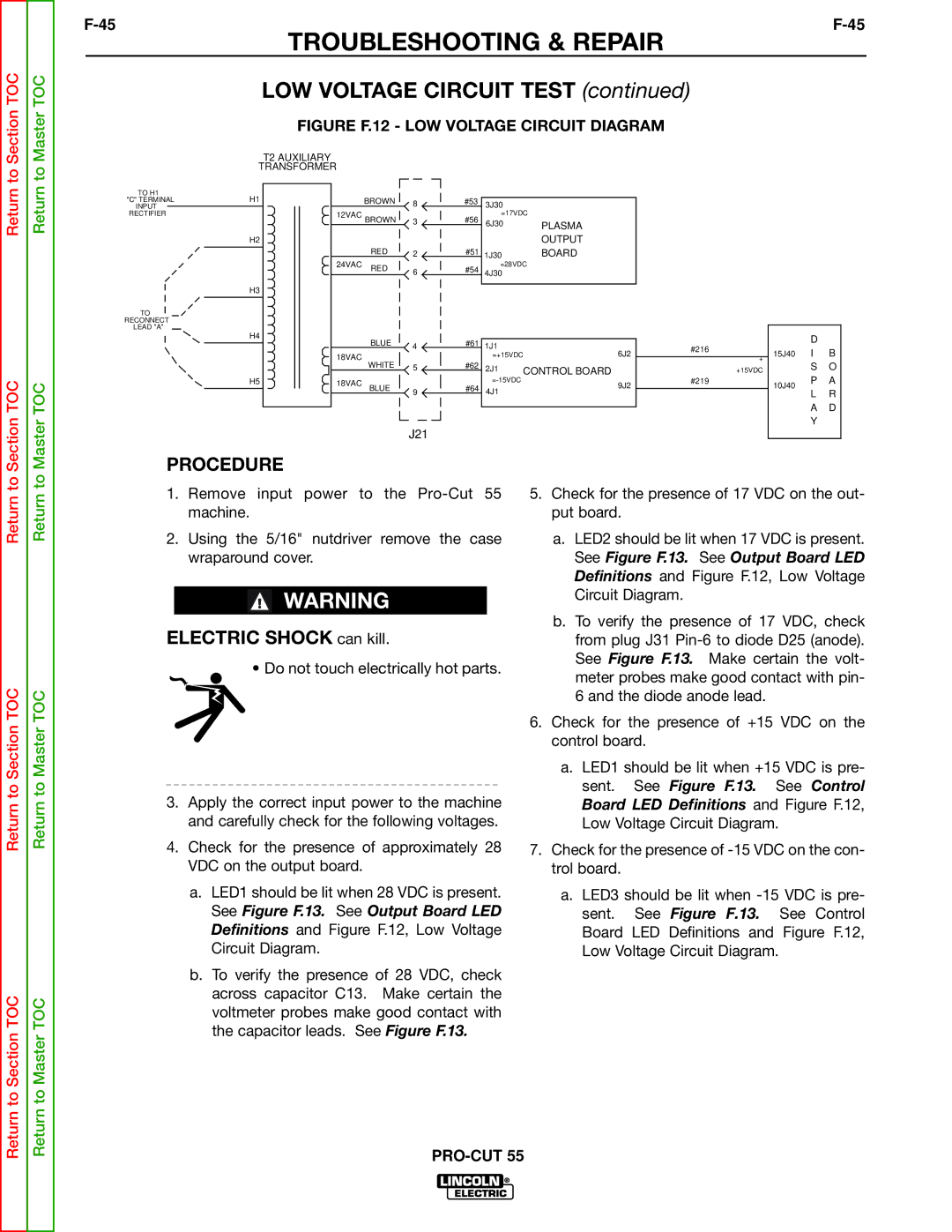 Lincoln Electric SVM140-A service manual LOW Voltage Circuit Test, Return Section TOC 