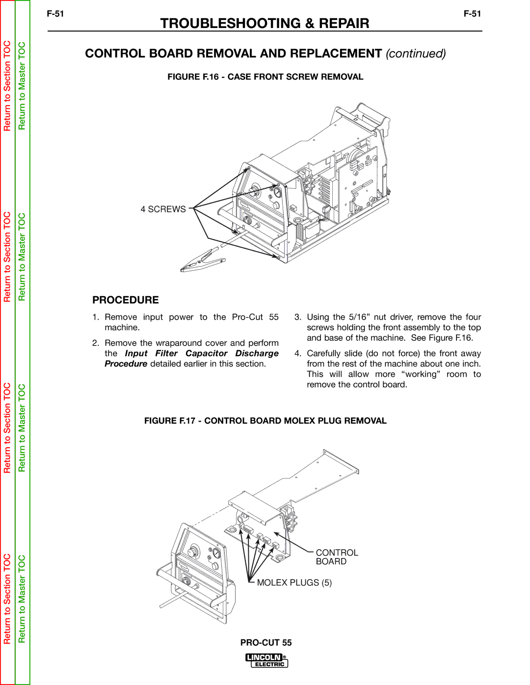 Lincoln Electric SVM140-A service manual Control Board Removal and Replacement, Figure F.16 Case Front Screw Removal 