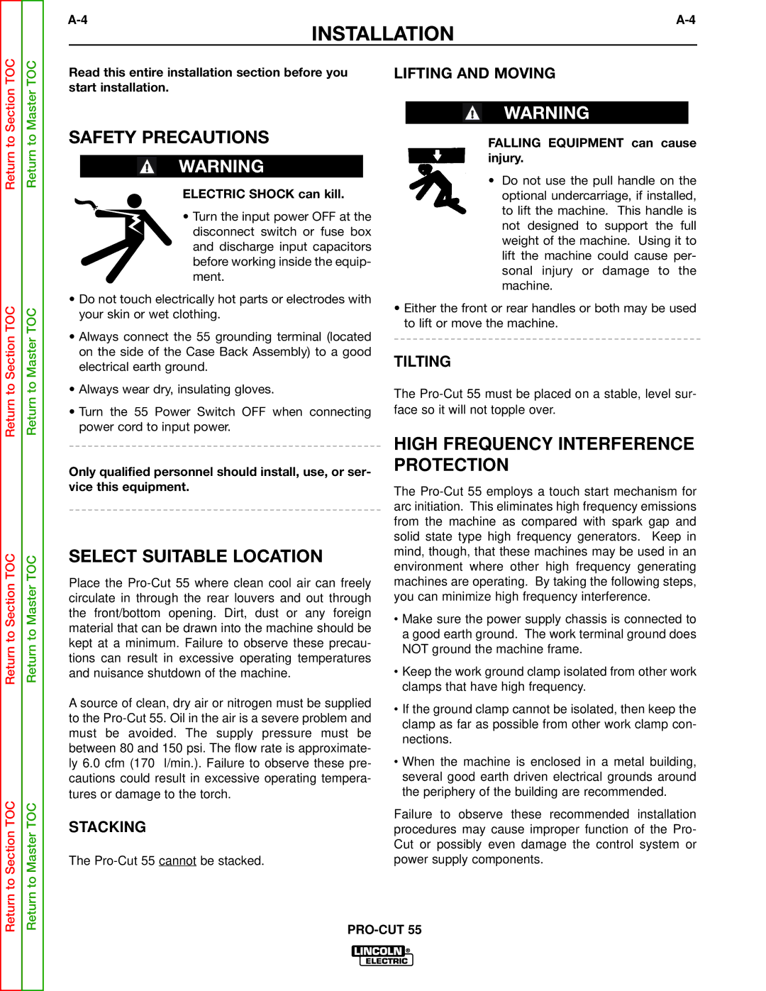 Lincoln Electric SVM140-A service manual Safety Precautions, Select Suitable Location, Lifting and Moving 